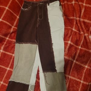 Color block, patchwork, brown, tan, white pants.